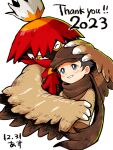  1boy 2023 alternate_color asu_(as_dayo) blush bright_pupils brown_headwear brown_scarf commentary_request dated green_eyes grin happy hat highres hisuian_decidueye jacket male_focus pokemon pokemon_(creature) pokemon_masters_ex rei_(pokemon) scarf short_hair simple_background smile teeth thank_you white_background white_pupils 
