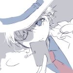  1boy between_fingers blue_bow blue_eyes blue_shirt bow card closed_mouth collared_shirt dutch_angle grey_background hair_over_one_eye hand_up hat hat_bow holding holding_card jacket kaitou_kid kuroi_(liar-player) looking_at_viewer male_focus meitantei_conan monocle necktie red_necktie shirt simple_background sketch smile solo twitter_username white_headwear white_jacket 