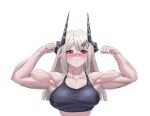  1girl arknights blush double_biceps_pose flexing gloves hammer horns jacket long_hair looking_at_viewer mr_cheesedong mudrock_(arknights) mudrock_(elite_ii)_(arknights) muscular muscular_female open_clothes open_jacket pointy_ears pout red_eyes solo sweat tank_top toned white_background white_hair 