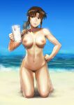 1girl azasuke barefoot beach beer_mug bikini black_lagoon blue_sky blush breasts brown_hair clenched_hand closed_mouth completely_nude cum cum_in_container cum_in_cup cup day frown full_body hand_on_own_hip highres holding holding_cup kneeling long_hair mug navel nude ocean outdoors ponytail red_bikini revy_(black_lagoon) shoulder_tattoo sky solo swimsuit tattoo toes wet 