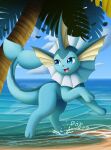 2020 artist_name beach blue_body blue_eyes blue_skin blue_sky bokurei cloud day digital_media_(artwork) digital_painting_(artwork) dorsal_fin ear_fins eeveelution eyelashes falling_leaves female feral fin flukes frill_(anatomy) generation_1_pokemon happy head_fin hi_res leaf looking_away looking_back nature nintendo open_mouth outside palm_tree paws plant pokemon pokemon_(species) quadruped running sand sea seaside sky small_nose smile solo splash tail tail_fin thick_tail tongue tree vaporeon water