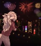anthro bottomwear canid canine canis city clothing denim denim_bottomwear denim_clothing eyeliner eyeshadow female fireworks fluffy fluffy_tail freya_(joeumbre) hair jeans joeumbre long_hair makeup mammal pants purple_eyes scarf shaded smile solo tail white_ears white_hair wolf