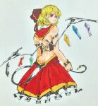 1girl absurdres alternate_costume backless_outfit bare_shoulders blonde_hair closed_mouth crystal flandre_scarlet frilled_skirt frills from_behind hair_between_eyes highres laevatein_(tail) looking_at_viewer looking_back mashimashi multicolored_wings no_headwear pleated_skirt red_eyes red_skirt simple_background skirt solo tail touhou traditional_media white_background wings wrist_cuffs 
