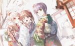  3girls alternate_hairstyle brown_hair chh_r fujishima_megumi green_eyes japanese_clothes kimono link!_like!_love_live! love_live! multiple_girls one_eye_closed open_mouth otomune_kozue purple_eyes purple_hair red_eyes shrine side_ponytail tagme teeth two_side_up upper_teeth_only white_hair yugiri_tsuzuri 