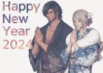  1boy 1girl 2024 black_hair blue_eyes blue_kimono clive_rosfield closed_eyes closed_mouth collarbone commentary couple earrings english_commentary facial_hair final_fantasy final_fantasy_xvi floral_print flower grey_hair hair_flower hair_ornament happy_new_year hatsumoude highres japanese_clothes jewelry jill_warrick kimono long_hair long_sleeves new_year obi own_hands_together praying print_kimono ring sash scar scar_on_cheek scar_on_face short_hair simple_background single_earring slackertherubycat twitter_username upper_body wedding_ring wide_sleeves 