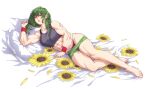  1girl abs absurdres armband bare_legs barefoot black_sports_bra commentary commission english_commentary feet flower green_hair green_shorts highres kazami_yuuka legs looking_at_viewer muscular muscular_female panties plaid plaid_panties red_armband red_eyes red_panties short_hair shorts simple_background solo sports_bra sunflower thighs toenails toes touhou ultragruntyy under_covers underwear white_background 