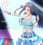  1girl :d absurdres black_hair blue_skirt breasts cleavage cowboy_shot from_side glowstick grey_hair highres love_live! love_live!_nijigasaki_high_school_idol_club midriff navel one_side_up panaham penlight_(glowstick) pointing pointing_forward see-through see-through_sleeves skirt smile tagme teeth upper_teeth_only wrist_cuffs yuuki_setsuna_(love_live!) 