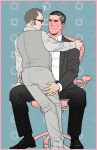  2boys ? aqua_background black_hair black_suit blush body_blush brown_hair chair closed_mouth couple dark-skinned_male dark_skin eye_contact fallen_down full_body glasses grey_hair hair_slicked_back hand_on_another&#039;s_hip hand_on_another&#039;s_shoulder harold_finch_(person_of_interest) john_reese_(person_of_interest) leaning_on_person looking_at_another male_focus mature_male multicolored_hair multiple_boys person_of_interest rectangular_eyewear short_hair sideburns sitting streaked_hair suit tabomi yaoi 