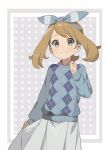  1girl alternate_costume aqua_ribbon aqua_sweater brown_hair chocomiru english_commentary green_eyes hair_ribbon highres long_skirt looking_at_viewer may_(pokemon) pokemon pokemon_oras ribbon shirt_under_sweater skirt smile solo sweater 