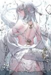  1girl back bare_shoulders blush braid breasts dragon_girl dragon_horns dragon_tail dress grey_eyes grey_hair highres horns large_breasts long_hair looking_at_viewer looking_back original pelvic_curtain pointy_ears sencha_(senchat) solo tail wading water wet white_dress 