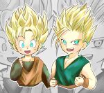  2boys aura blonde_hair blue_eyes child commentary_request dougi dragon_ball dragon_ball_gt dragon_ball_z highres looking_at_viewer male_focus multiple_boys open_mouth smile son_goten spiked_hair super_saiyan super_saiyan_1 tagme trunks_(dragon_ball) yuhika16 