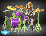  absurdres bass_drum black_footwear black_shorts blush brown_eyes brown_hair commentary commission cymbals drum drum_set drumsticks english_commentary headband highres holding holding_drumsticks instrument judas_priest k-on! leggings long_hair looking_at_viewer loreleth open_mouth shoes shorts sitting snare snare_drum spikes tainaka_ritsu watermark 