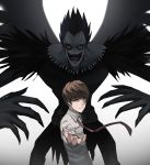 2boys brown_hair closed_mouth collared_shirt death_note evil_smile highres jourd4n looking_at_viewer male_focus multiple_boys necktie open_mouth outstretched_arm ryuk shirt short_hair smile upper_body white_shirt wing_collar yagami_light 