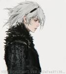  1boy black_hairband black_sleeves black_vest blue_eyes blush commentary_request copyright_name d.k from_side fur-trimmed_collar fur-trimmed_sleeves fur-trimmed_vest fur_trim grey_background hairband lips looking_ahead male_focus medium_hair nier nier_(series) nier_(young) nose_blush portrait print_sleeves simple_background solo unkempt upper_body vest white_hair 
