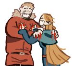  ._. 1boy 1girl bleeding blonde_hair blood blue_robe clenched_teeth commentary dungeon_meshi english_commentary eye_contact hood hood_down jacket long_hair long_sleeves looking_at_another marcille meme red_jacket robe scowl short_hair shoulder_grab simple_background stick_figure_violence_(meme) teeth white_background wombrion 