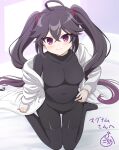  1girl ahoge bed_sheet black_hair black_pants black_shirt black_thighhighs blush breasts closed_mouth commentary_request covered_collarbone covered_navel drawstring gradient_hair hair_between_eyes highres hood hood_down hooded_jacket jacket long_sleeves looking_at_viewer medium_breasts multicolored_hair nichika_(nitikapo) no_shoes off_shoulder open_clothes open_jacket original pants pinching_sleeves puffy_long_sleeves puffy_sleeves purple_eyes purple_hair shirt sitting sleeves_past_wrists smile solo thighhighs translation_request twintails wariza white_jacket 