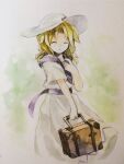  1girl blonde_hair closed_eyes commentary_request dress hand_up hat highres holding holding_suitcase kaigen_1025 louise_(touhou) low_twintails medium_hair parted_bangs parted_lips purple_sash sash short_sleeves solo suitcase touhou touhou_(pc-98) twintails white_dress white_headwear 