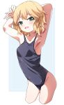  1girl armpits arms_up bare_shoulders blonde_hair blue_background blue_one-piece_swimsuit blush border collarbone cowboy_shot cropped_legs dot_nose flat_chest green_eyes highres holding_own_arm idolmaster idolmaster_cinderella_girls idolmaster_cinderella_girls_starlight_stage looking_at_viewer one-piece_swimsuit open_mouth outside_border sakurai_momoka short_hair simple_background smile solo standing swimsuit wavy_hair white_border yairo_ju 