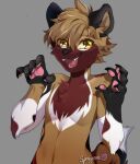 2021 anthro black_body black_fur black_nose brown_body brown_fur canid canine fangs fur grey_background hi_res looking_at_viewer male mammal open_mouth open_smile pawpads pink_pawpads simple_background smile solo spraykitty teeth tongue white_body white_fur