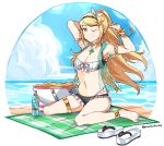  1girl ;) anklet armpits arms_up bag barefoot beach blanket blonde_hair blue_sky bottle bracelet breasts choker cloud commentary day earrings english_commentary full_body gold_choker graysheartart jewelry long_hair looking_at_viewer medium_breasts mythra_(xenoblade) navel one_eye_closed outdoors sitting sky smile solo thighlet twitter_username wariza water xenoblade_chronicles_(series) xenoblade_chronicles_2 yellow_eyes 