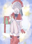  1girl blue_eyes blush boots box capelet christmas dress fur_trim gift gift_box gloves grey_hair hat highres holding holding_sack kantai_collection looking_at_viewer open_mouth red_capelet red_footwear red_gloves red_headwear sack santa_costume short_hair simple_background sitting solo star_(symbol) suihei white_dress z1_leberecht_maass_(kancolle) 