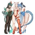  3girls arknights arm_around_shoulder arm_tattoo arm_up black_collar black_footwear black_hair black_pantyhose blue_eyes blue_footwear blue_hair blue_leotard bow bowtie braid collar colored_skin dragon_girl dragon_horns dragon_tail dusk_(arknights) earrings fishnet_pantyhose fishnets flame-tipped_tail full_body green_leotard green_skin groin hand_up high_heels highres horns jewelry leotard ling_(arknights) long_hair multiple_girls naixorth navel necktie nian_(arknights) one_eye_closed pantyhose pointy_ears purple_eyes red_bow red_bowtie red_footwear red_leotard red_necktie red_skin red_thighhighs see-through see-through_leotard simple_background single_thighhigh standing strapless strapless_leotard tail tassel tassel_earrings tattoo thigh_strap thighhighs undone_collar v very_long_hair white_background white_hair yellow_necktie 