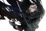  1boy black_gloves blue_eyes coat cracked_skin devil_may_cry_(series) devil_may_cry_5 fingerless_gloves gloves highres holding holding_sword holding_weapon katana male_focus sheath sword vergil_(devil_may_cry) weapon weitong_zhanshi white_hair yamato_(sword) 