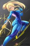  1girl aqua_eyes ass blonde_hair blue_bodysuit blush bodysuit breasts firing floating_hair glowing_clothes gradient_background gun hair_between_eyes handgun highres jumping long_hair looking_at_viewer medium_breasts metroid parted_lips ponytail samus_aran shiny_clothes sideboob sidelocks simple_background solo swept_bangs weapon z-ki zero_suit 