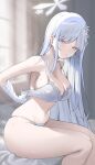  1girl bandaged_arm bandages bare_shoulders blue_archive blue_eyes blush bra breasts cleavage commentary_request flower from_side hair_flower hair_ornament halo hei_d highres large_breasts long_hair looking_at_another looking_at_viewer nagusa_(blue_archive) navel panties parted_lips sitting solo stomach thighs underwear underwear_only white_bra white_hair white_halo white_panties 