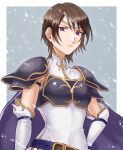 1girl armor belt breastplate brown_hair commentary_request dress fire_emblem fire_emblem:_path_of_radiance gloves hand_on_own_hip hazuki_(nyorosuke) looking_at_viewer purple_eyes short_hair shoulder_armor solo tanith_(fire_emblem) upper_body white_dress white_gloves 