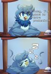 2019 anthro avian awilddaydreamer beak biped bird blue_body blue_eyes blue_feathers blue_hair booth colored comic dialogue eiiart english_text feathers female figburn hair hi_res martlet_(undertale_yellow) nero_inu official_art open_mouth open_smile simple_background sitting sleeping smile solo sound_effects text tongue undertale_yellow vowelless vowelless_sound_effect winged_arms wings yellow_beak zzz