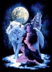  1girl a_song_of_ice_and_fire arya_stark barefoot blue_eyes brown_hair chriswahl73 english_commentary full_body full_moon game_of_thrones highres kneeling lips looking_at_viewer moon night night_sky nymeria_(a_song_of_ice_and_fire) on_one_knee outdoors short_hair sky snow solo tree winter wolf 