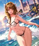  1girl alternate_costume artist_name beach bikini black_bikini blue_sky blurry blurry_background braid braided_ponytail breasts brown_hair cleavage commentary english_commentary esther_shen fire_emblem fire_emblem_engage goldmary_(fire_emblem) grin hair_ribbon large_breasts lips long_hair looking_at_viewer navel ocean outdoors pink_lips ribbon sky smile solo stomach sunlight swimsuit teeth two-tone_bikini water white_bikini white_ribbon yellow_eyes 