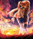  2girls blonde_hair cloud cloudy_sky couple ego6 fate_testarossa hug jacket long_hair long_sleeves looking_at_another lyrical_nanoha mahou_shoujo_lyrical_nanoha mahou_shoujo_lyrical_nanoha_strikers military military_uniform multiple_girls orange_hair pixiv red_eyes sky sunset takamachi_nanoha thighhighs uniform very_long_hair yuri zettai_ryouiki 