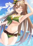  1girl absurdres animal_ears arm_up armpits bikini blue_eyes blush braid breasts brown_hair cleavage cloud cloudy_sky commentary_request cowboy_shot french_braid frilled_bikini frills front-tie_top green_bikini highres horse_ears horse_girl long_hair looking_at_viewer lryutanl navel ocean one_eye_closed outdoors satono_diamond_(umamusume) side-tie_bikini_bottom sitting sky smile solo stomach swimsuit teeth thighs twitter_username umamusume upper_teeth_only very_long_hair water wet yellow_eyes 