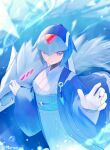  1girl absurdres android blue_background blue_eyes blue_kimono gloves helmet highres ice_dragon japanese_clothes kimono leviathan_(mega_man) looking_at_viewer mega_man_(series) mega_man_zero_(series) smile tanewiii white_gloves 