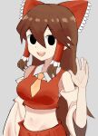  1girl armpit_peek black_eyes bow breasts brown_hair collared_shirt commentary_request cookie_(touhou) crop_top detached_sleeves dress empty_eyes frilled_bow frilled_hair_tubes frills grey_background hair_between_eyes hair_bow hair_tubes hakurei_reimu highres long_bangs long_hair looking_at_viewer medium_breasts midriff navel necktie noel_(cookie) open_mouth pro55h red_bow red_dress red_shirt red_skirt shirt sidelocks simple_background skirt sleeveless sleeveless_shirt smile solo teeth touhou upper_body upper_teeth_only waving white_sleeves wide_sleeves yellow_necktie 