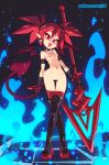  1girl absurdres ass_visible_through_thighs bar_censor black_footwear black_gloves blue_fire boots breasts censored collar commentary crossed_legs demon_girl demon_tail demon_wings disgaea earrings etna fire full_body gloves high_heel_boots high_heels highres jewelry looking_at_viewer makai_senki_disgaea nipples nude planted_weapon pointy_ears polearm red_eyes red_hair red_legwear rtil skull_earrings small_breasts solo spear standing tail thigh_boots thigh_gap thighhighs thighhighs_under_boots twintails watson_cross weapon wings 