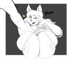  anthro areola big_breasts breasts canid canine canis clothed clothing clothing_lift domestic_dog female hi_res huge_breasts june_(jinu) mammal monochrome nipple_slip one_eye_closed pokebii shirt shirt_lift solo topwear wink 