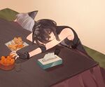  2girls arknights black_gloves black_hair black_shirt breasts cup feather_hair fingerless_gloves food frostleaf_(arknights) fruit gloves grey_hair highres holding holding_food holding_fruit kotatsu la_pluma_(arknights) mandarin_orange multiple_girls napkin purple_eyes shirt short_hair sleeping sleeveless sleeveless_shirt small_breasts steam suzubotan table textless_version tissue_box under_kotatsu under_table 