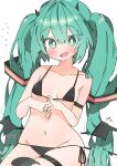  1girl absurdres aqua_eyes aqua_hair bikini bikini_pull blush breasts bright_pupils clothes_pull commentary_request cosplay demon_tail demon_wings flying_sweatdrops hatsune_miku highres horns long_hair looking_at_viewer open_mouth simple_background skindentation small_breasts solo swimsuit tail thick_thighs thigh_strap thighs translation_request twintails uruti_2388 very_long_hair vocaloid white_background wide_hips wings 