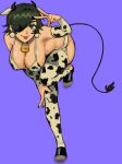  1girl animal_ears animal_print bell bent_over bikini black_footwear black_hair black_nails breasts censored_feet chainsaw_man closed_mouth cow_ears cow_horns cow_print cow_print_bikini cow_print_gloves cow_print_thighhighs cow_tail earrings elbow_gloves eyepatch facing_viewer fake_animal_ears fake_horns full_body gloves green_eyes hand_on_own_thigh highres himeno_(chainsaw_man) horns jewelry large_breasts liowig looking_at_viewer nail_polish neck_bell parted_bangs print_bikini print_gloves print_thighhighs purple_background short_hair simple_background slippers standing standing_on_one_leg swimsuit tail thighhighs tongue tongue_out v 