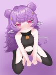  1girl animal_ears artist_name bell black_panties black_sweater black_thighhighs breasts bunty closed_mouth cow_ears cow_horns double_bun garter_straps hair_bun highres horns kneeling meme_attire mole mole_on_thigh mole_under_mouth muu_muyu navel neck_bell panties phase_connect pink_eyes purple_hair sleeveless sleeveless_sweater small_breasts solo sweater thighhighs underwear virgin_destroyer_sweater virtual_youtuber 