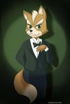  2020 anthro black_nose bow_tie brown_body brown_fur canid canine clothing cloud eyebrows fingers fox fox_mccloud fur hair half-closed_eyes head_tuft hi_res male mammal missmccloud narrowed_eyes nintendo signature smile solo standing star_fox suit tan_body tan_fur tuft video_games whiskers 