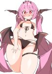  1girl :q absurdres bikini blush breasts closed_mouth demon_girl demon_tail demon_wings highres horns licking_lips long_hair looking_at_viewer original pink_hair red_eyes simple_background skindentation small_breasts solo swimsuit tail thick_thighs thigh_strap thighs tongue tongue_out twintails uruti_2388 very_long_hair white_background wide_hips wings 