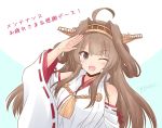  1girl ;d ahoge bare_shoulders blush brown_hair detached_sleeves double_bun eyebrows_visible_through_hair icesherbet kantai_collection kongou_(kantai_collection) long_hair looking_at_viewer nontraditional_miko one_eye_closed open_mouth purple_eyes remodel_(kantai_collection) salute smile solo upper_body 