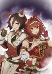  2girls absurdres antenna_hair box brown_hair daiwa_scarlet_(scarlet_nuit_etoile)_(umamusume) daiwa_scarlet_(umamusume) dress ear_covers fur-trimmed_jacket fur_armlet fur_jacket fur_trim gift gift_box gloves hair_intakes hair_over_one_eye highres holding holding_box holding_gift horse_girl jacket konpota_(kon_potamk2) looking_at_viewer multiple_girls official_alternate_costume pants plaid plaid_dress red_dress red_eyes red_gloves red_jacket tiara umamusume vodka_(nonfreezing_aqua_vitae)_(umamusume) vodka_(umamusume) white_gloves white_pants 