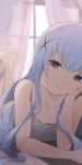  1girl barefoot blue_eyes blue_hair blurry blurry_background camisole closed_mouth collarbone commentary curtains gochuumon_wa_usagi_desu_ka? hair_ornament highres hiroki_(yyqw7151) kafuu_chino long_hair looking_at_viewer lying on_stomach soles solo toes white_camisole window x_hair_ornament 