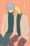  2boys beatmania_iidx black_shirt blonde_hair brothers brown_jacket brown_pants closed_eyes closed_mouth commentary_request dark-skinned_male dark_skin ereki_(beatmania) feet_out_of_frame grey_hair grey_pants hair_between_eyes hair_down head_on_another&#039;s_shoulder highres jacket long_bangs long_hair male_focus maoh_(aburaage0528) multiple_boys open_clothes open_jacket orange_background pants shilow shirt siblings striped striped_background turtleneck zzz 