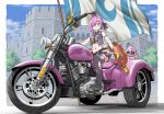  1girl 1other arm_strap armor boots braid breasts castle colored_inner_hair commentary_request flag green_eyes grey_thighhighs hair_over_one_eye helmet himemori_luna holding hololive luknight_(himemori_luna) medium_breasts motor_vehicle motorcycle multicolored_hair navel pink_eyes pink_hair purple_hair shio_no.9 super_soaker thighhighs torn_clothes torn_thighhighs tree two-tone_hair virtual_youtuber 